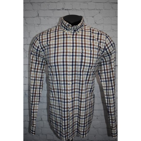Barbour Performance Dress Shirt Mens Size Medium Stretch Blue Brown Plaid - Picture 2 of 8